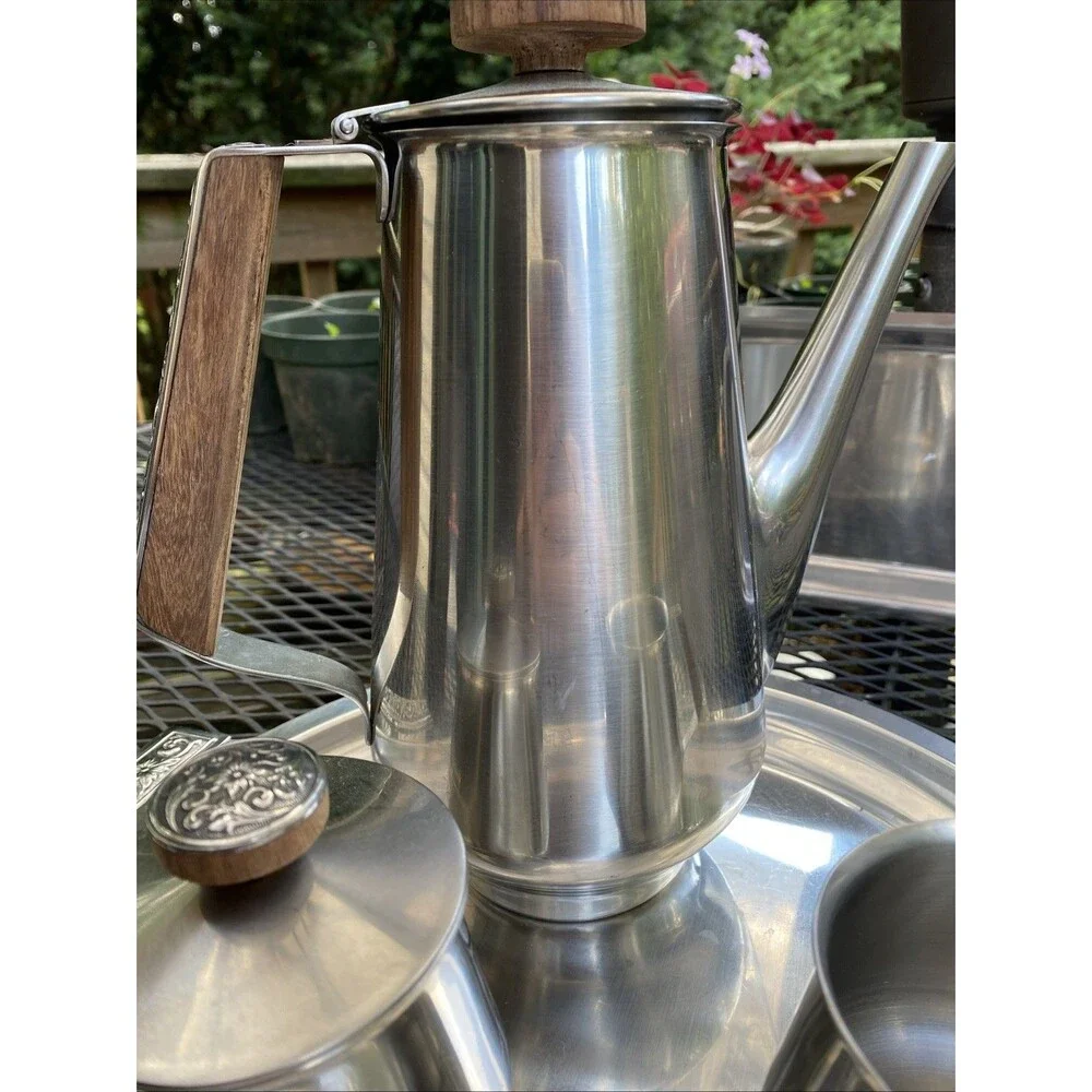 Vintage Stainless Coffee  Set 2 Tray, Creamer , Sugar Bowl, and Decanter - Japan